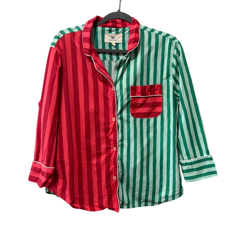Printfresh Pajama Set Womens Small Red Green Holiday Striped Organic Cotton - Picture 3 of 16